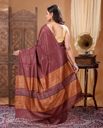 Pure Eri Silk Brown Color Saree with Running Blouse-Indiehaat