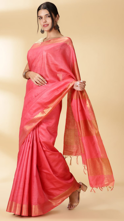 Handloom Jayashree Silk Saree Rose Red Color with Running Blouse-Indiehaat