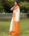 Vibrant Kota Doria Blockprinted White & Orange Saree