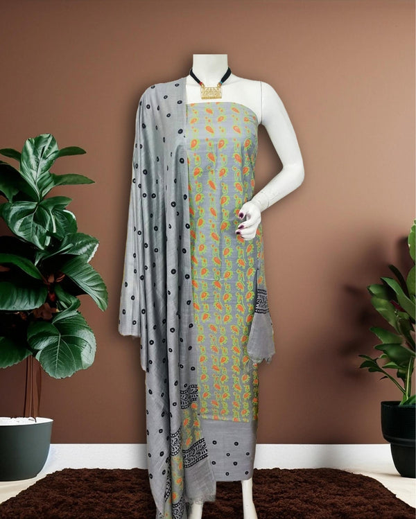 Gray Katan Silk Suit – Handcrafted with Bottom & Dupatta