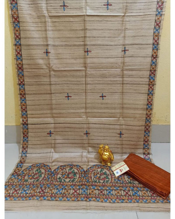 Silkmark Tussar Beige Madhubani Surreal Dupatta & Brown Top