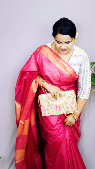 Handloom Jayashree Silk Saree Rose Red Color with Running Blouse-Indiehaat