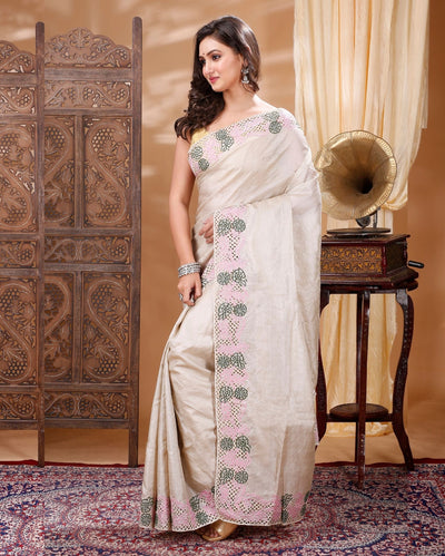 Silkmark Certified Kinetic Pure Tussar Cutwork Beige Saree