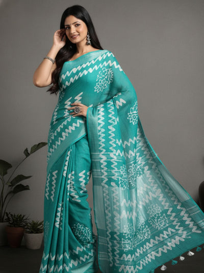 Turquoise Slub Linen Saree Wax Batik Hand Dyed Turquoise Blue