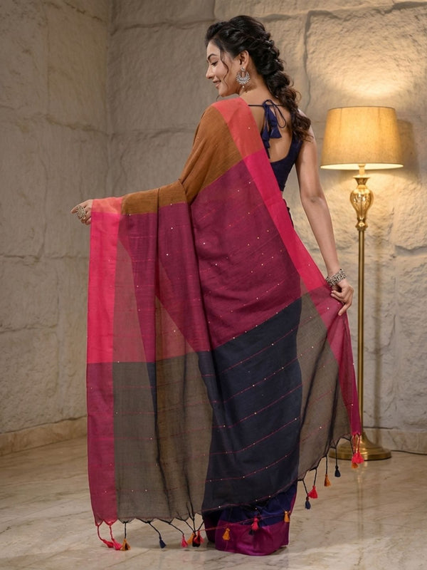 Nirmal Pure Khadi Cotton Sequin Saree Blue