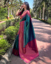 Indiehaat | Soft Silk Floral Border Contrast Zari Woven Green Saree