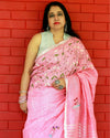 Pure Linen Handloom Saree Pink Color Hand Embroidered with Running Blouse-Indiehaat