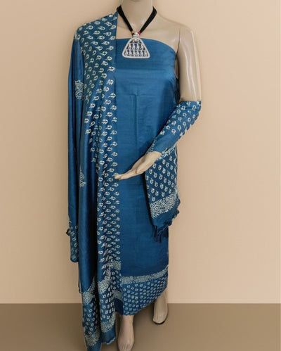 Katan Silk Tranquil Blockprint Blue Suit