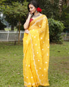 Kota Doria Sarees Embroidery Work Bright Yellow
