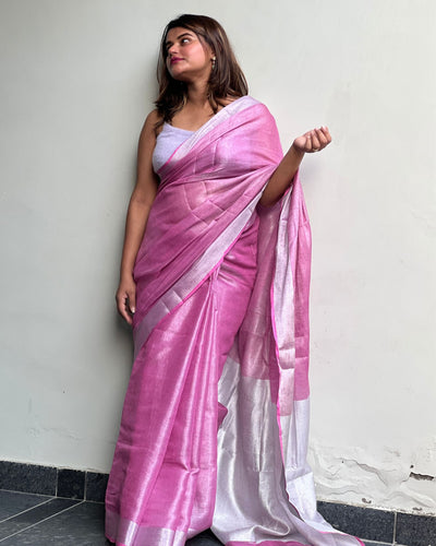 Alluring Pure Tissue Linen Pink Handdyed Saree