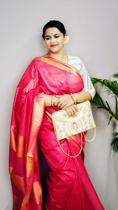 Handloom Jayashree Silk Saree Rose Red Color with Running Blouse-Indiehaat