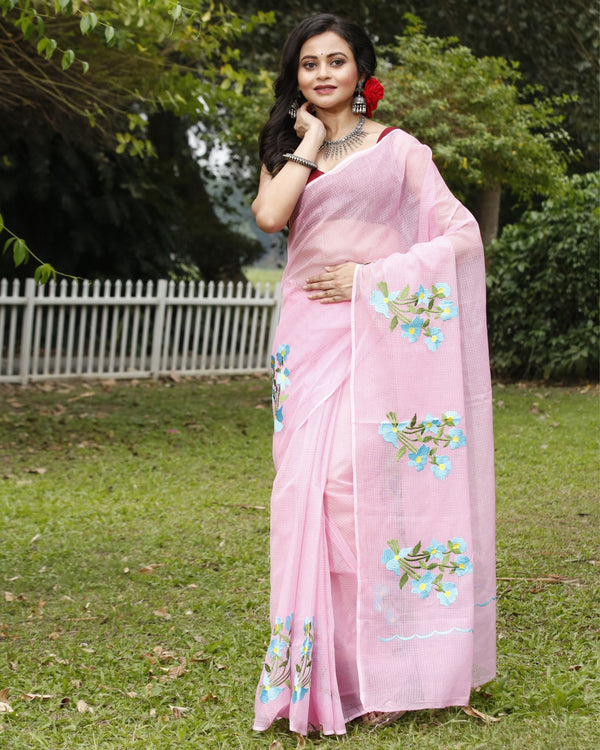 Vivid Pink Pure Kota Doria Saree Embroidered