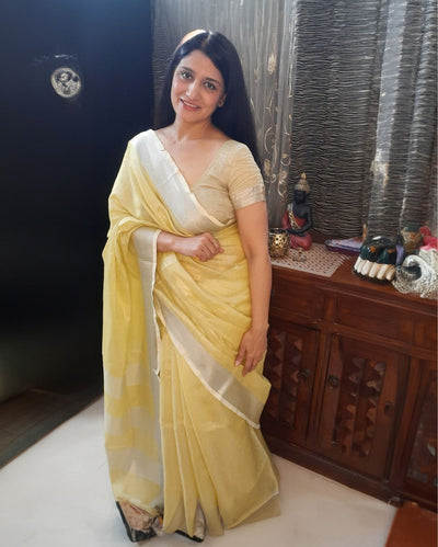 Ethereal Pure Tissue Linen Yellow Handdyed Saree