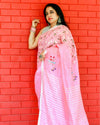 Pure Linen Handloom Saree Pink Color Hand Embroidered with Running Blouse-Indiehaat