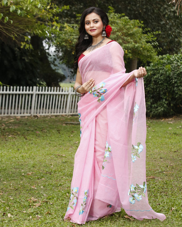 Vivid Pink Pure Kota Doria Saree Embroidered