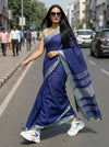 Slub Linen Hand Dyed Blue Saree with Contrast Blouse-Indiehaat
