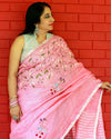 Pure Linen Handloom Saree Pink Color Hand Embroidered with Running Blouse-Indiehaat