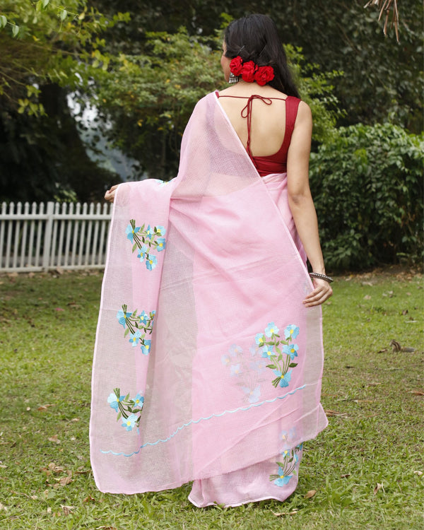 Vivid Pink Pure Kota Doria Saree Embroidered