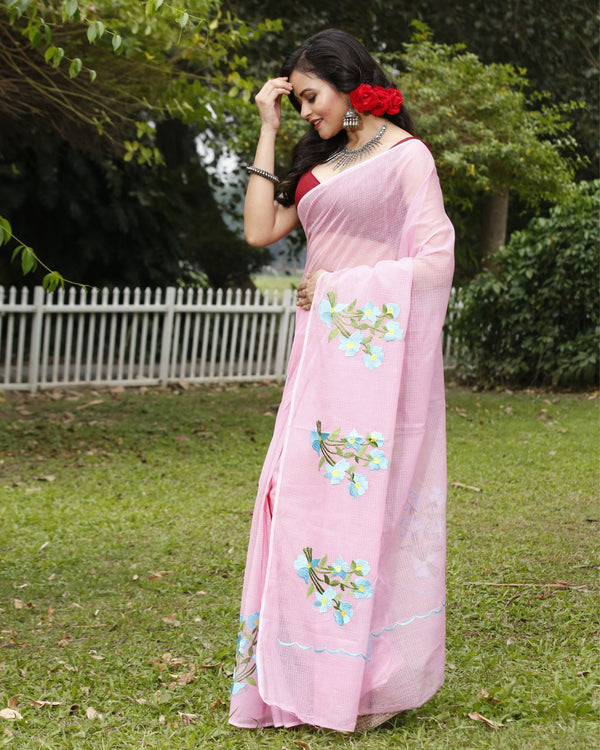 Vivid Pink Pure Kota Doria Saree Embroidered