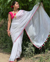 Reflective Handwoven Pure Linen White Saree