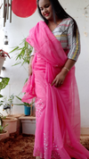 Kota Doria Embroidery Pink Saree with blouse Handcrafted-Indiehaat