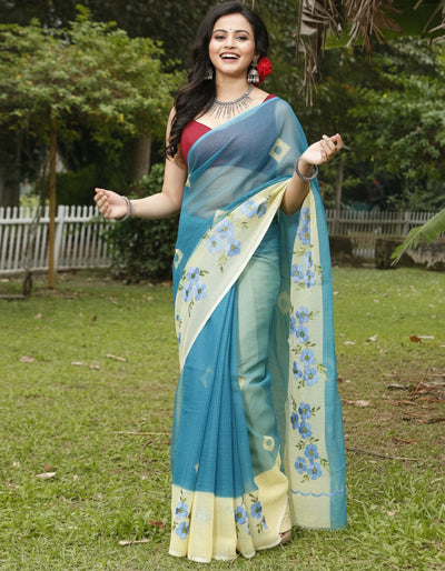 Vibrant Bandhej Kota Doria Embroidery Blue Saree Handdyed