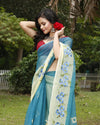 Vibrant Bandhej Kota Doria Embroidery Blue Saree Handdyed