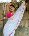 Reflective Handwoven Pure Linen White Saree