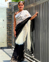 Pure Linen Handloom Saree Black & White Color Hand Embroidered with Running Blouse-Indiehaat