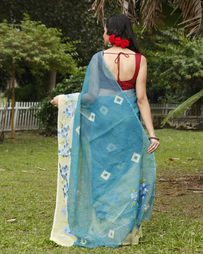 Vibrant Bandhej Kota Doria Embroidery Blue Saree Handdyed