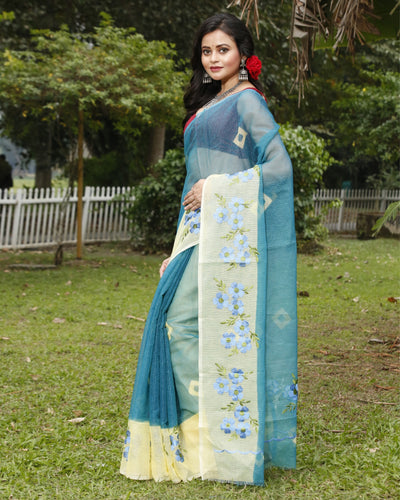 Vibrant Bandhej Kota Doria Embroidery Blue Saree Handdyed