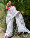 Reflective Handwoven Pure Linen White Saree