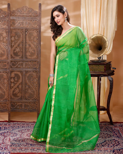 Kota Doria Pure Silk Green Saree Hand Dyed with Blouse-Indiehaat