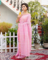 Pure Linen Pink Saree Contrast Striped Pallu With Running Blouse-Indiehaat