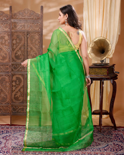 Kota Doria Pure Silk Green Saree Hand Dyed with Blouse-Indiehaat