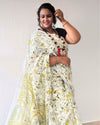 Fresh Slub Linen Batik Print Saree White & Green