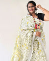 Fresh Slub Linen Batik Print Saree White & Green