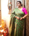 Silkmark Certified Eri Silk Embroidered Green Saree with Running Blouse-Indiehaat