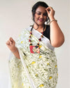 Fresh Slub Linen Batik Print Saree White & Green