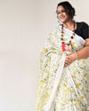 Fresh Slub Linen Batik Print Saree White & Green