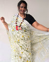 Fresh Slub Linen Batik Print Saree White & Green