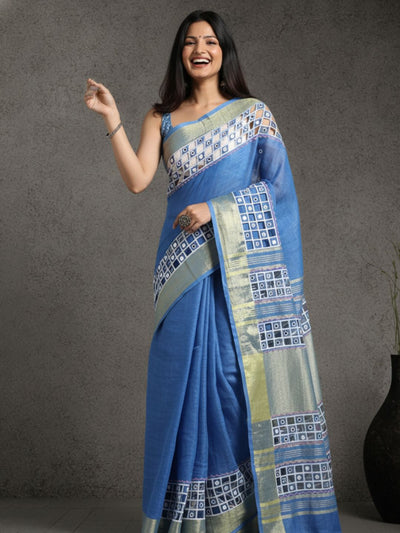 Lively Pure Linen Hand Cutwork Design Blue Saree