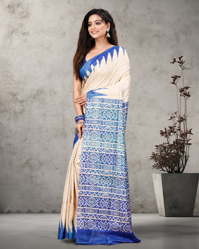 Silkmark Tussar Tranquil Blockprint Biege & Blue Saree