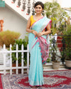 Oceanic Pure Linen Floral Embroidered Blue Saree