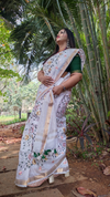 Silk Linen Embroidered Handloom Saree White With Blouse-Indiehaat