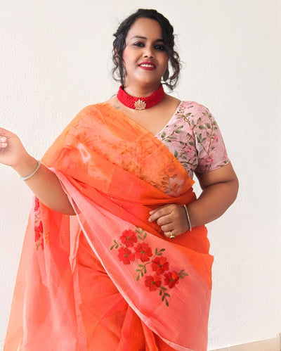 Earthy Bandhej Kota Doria Embroidery Orange Saree Handdyed