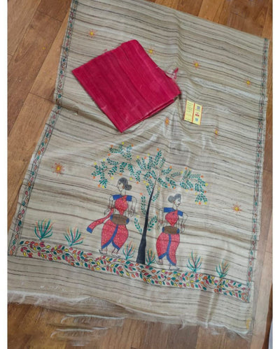 Silkmark Tussar Beige Madhubani Artistic Dupatta & Pink Top