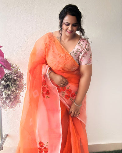 Earthy Bandhej Kota Doria Embroidery Orange Saree Handdyed