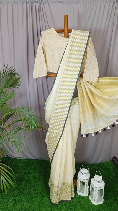 Shop Pure Khadi Linen Saree White Online Now