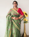 Mysterious Silk Linen Embroidered Green Saree